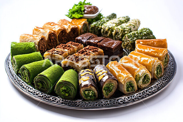  طبق من قطع البقلاوة اللذيذ المزينة بالفستق الحلبي، منتجات محلية وطنية، ضيافة الأعياد والمناسبات في السعودية, أطباق غنية بالسكريات والسعرات الحرارية، كرم الضيافة في المملكة، وصفات الأطعمة العربية الشرقية، خلفية بيضاء