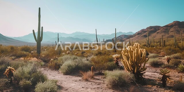 مجموعة من نبات الصبار الشوكي في المناطق الصحراوية, النباتات الشوكية البرية في المحميات الطبيعية، نمو الشوكيات والأعشاب في براري المملكة العربية السعودية, التشكيلات و التكوينات الصخرية