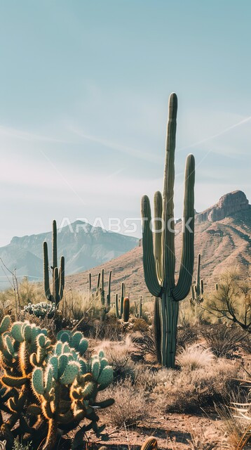 مجموعة من نبات الصبار الشوكي في المناطق الصحراوية, النباتات الشوكية البرية في المحميات الطبيعية، نمو الشوكيات والأعشاب في براري المملكة العربية السعودية, التشكيلات و التكوينات الصخرية