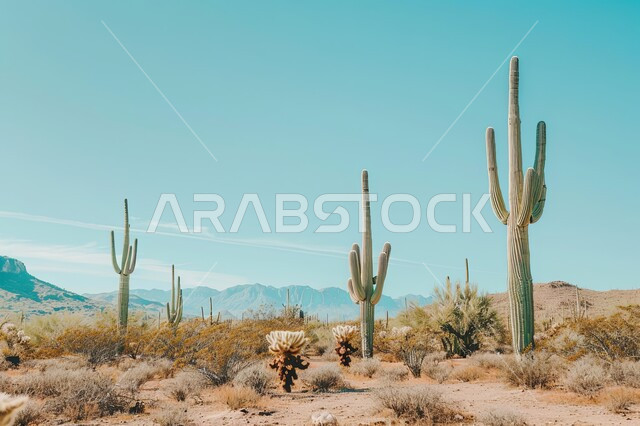 النباتات الشوكية البرية في المحميات الطبيعية، مجموعة من نبات الصبار الشوكي في المناطق الصحراوية, نمو الشوكيات والأعشاب في براري المملكة العربية السعودية, التشكيلات و التكوينات الصخرية