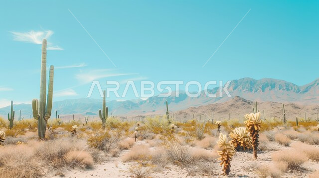 النباتات الشوكية البرية في المحميات الطبيعية، مجموعة من نبات الصبار الشوكي في المناطق الصحراوية, نمو الشوكيات والأعشاب في براري المملكة العربية السعودية, التشكيلات و التكوينات الصخرية