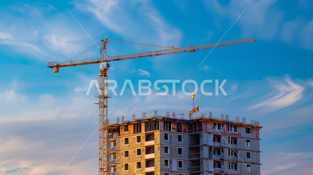 الآلات والمعدات الثقيلة والرافعات والسقالات العالية, اعمال البناء وصب الخرسانات ووضع الأساسات، مبنى قيد الانشاء في المملكة العربية السعودية, مفهوم الهندسة الانشائية والمعمارية، تنفيذ مخطط الإعمار وتشكيل الهيكل المعدني