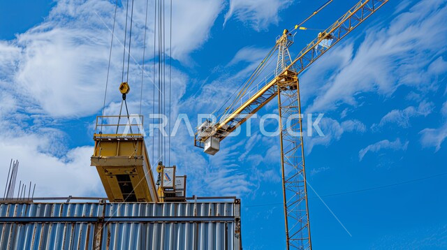 Heavy machinery and equipment, cranes and high scaffolding, construction works, concrete pouring and foundation laying, building under construction in Saudi Arabia, concept of structural and architectural engineering, implementation of construction plan and forming of metal structure