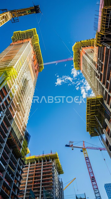 Construction works, concrete pouring and foundation laying, heavy machinery and equipment, cranes and high scaffolding, bottom view of a building under construction in Saudi Arabia, concept of structural and architectural engineering, implementation of the construction plan and forming the metal structure