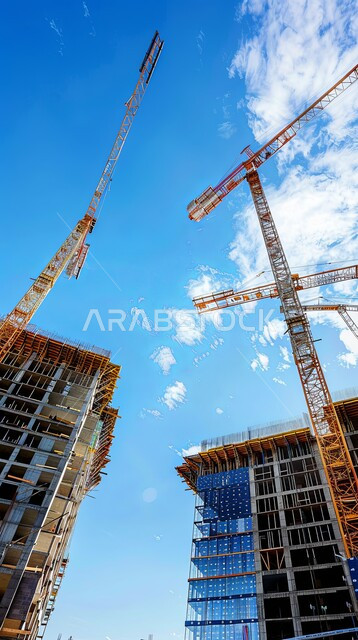 اعمال البناء وصب الخرسانات ووضع الأساسات، الآلات والمعدات الثقيلة والرافعات والسقالات العالية, صورة من الاسفل لمبنى قيد الانشاء في المملكة العربية السعودية, مفهوم الهندسة الانشائية والمعمارية، تنفيذ مخطط الإعمار وتشكيل الهيكل المعدني