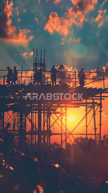 تشييد المباني والمشاريع الضخمة، صورة ظلية من الاسفل لمهندسين عربين خليجين سعودين يعملون في موقع البناء، الإشراف على سير خطة العمل, إنشاء الأساسات والهياكل للمشروعات السكنية والمصانع، أعمال البناء والمقاولات والتطوير العقاري, مهن ووظائف هندسية