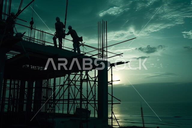 تشييد المباني والمشاريع الضخمة، صورة ظلية من الاسفل لمهندسين عربين خليجين سعودين يعملون في موقع البناء، الإشراف على سير خطة العمل, إنشاء الأساسات والهياكل للمشروعات السكنية والمصانع، أعمال البناء والمقاولات والتطوير العقاري, مهن ووظائف هندسية