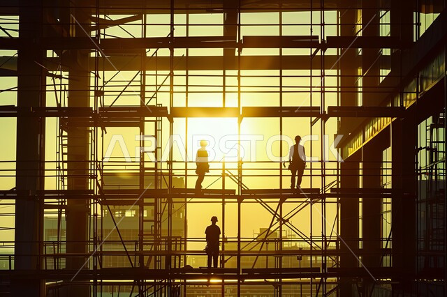 تشييد المباني والمشاريع الضخمة، صورة ظلية من الاسفل لمهندسين عربين خليجين سعودين يعملون في موقع البناء، إنشاء الأساسات والهياكل للمشروعات السكنية والمصانع، أعمال البناء والمقاولات والتطوير العقاري, مهن ووظائف هندسية، الإشراف على سير خطة العمل