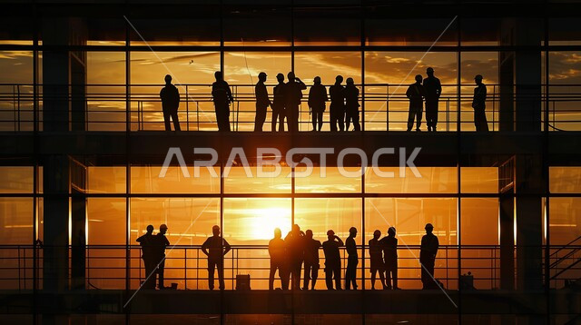 تشييد المباني والمشاريع الضخمة، صورة ظلية من الاسفل لمهندسين عربين خليجين سعودين يعملون في موقع البناء، إنشاء الأساسات والهياكل للمشروعات السكنية والمصانع، أعمال البناء والمقاولات والتطوير العقاري, مهن ووظائف هندسية، الإشراف على سير خطة العمل