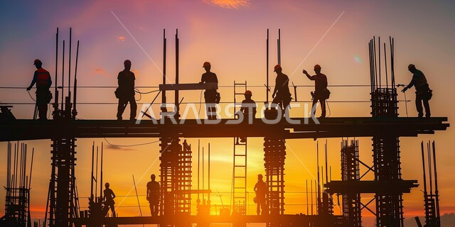 إنشاء الأساسات والهياكل للمشروعات السكنية والمصانع، تشييد المباني والمشاريع الضخمة، صورة ظلية من الاسفل لمهندسين عربين خليجين سعودين يعملون في موقع البناء، أعمال البناء والمقاولات والتطوير العقاري, مهن ووظائف هندسية، الإشراف على سير خطة العمل