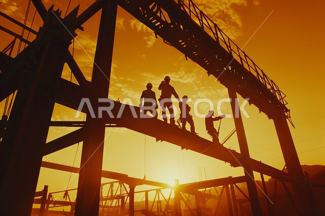 مهن ووظائف هندسية، إنشاء الأساسات والهياكل للمشروعات السكنية والمصانع، تشييد المباني والمشاريع الضخمة، صورة ظلية من الاسفل لمهندسين عربين خليجين سعودين يعملون في موقع البناء، أعمال البناء والمقاولات والتطوير العقاري, الإشراف على سير خطة العمل