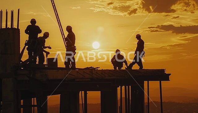 أعمال البناء والمقاولات والتطوير العقاري, مهن ووظائف هندسية، إنشاء الأساسات والهياكل للمشروعات السكنية والمصانع، تشييد المباني والمشاريع الضخمة، صورة ظلية لمهندسين عربين خليجين سعودين يعملون في موقع البناء، الإشراف على سير خطة العمل