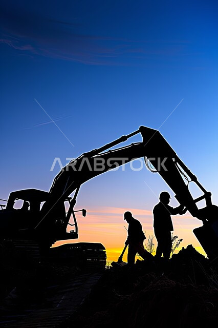 مفهوم الهندسة الانشائية والمعمارية، مجموعة من العمال يقومون بتنفيذ مخطط الإعمار وتشكيل الهيكل المعدني، اعمال البناء وصب الخرسانات ووضع الأساسات، الآلات والمعدات الثقيلة والرافعات والسقالات العالية, صورة ظلية لمبنى قيد الانشاء في المملكة العربية السعودية