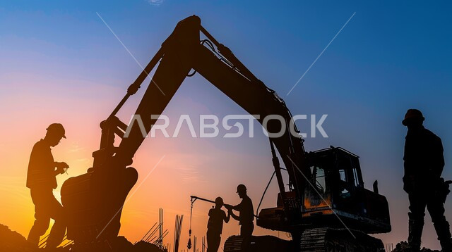 مفهوم الهندسة الانشائية والمعمارية، مجموعة من العمال يقومون بتنفيذ مخطط الإعمار وتشكيل الهيكل المعدني، اعمال البناء وصب الخرسانات ووضع الأساسات، الآلات والمعدات الثقيلة والرافعات والسقالات العالية, صورة ظلية لمبنى قيد الانشاء في المملكة العربية السعودية