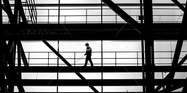 الإشراف على سير خطة العمل, تشييد المباني والمشاريع الضخمة، صورة ظلية لمهندس عربي خليجي سعودي يعمل في موقع البناء، إنشاء الأساسات والهياكل للمشروعات السكنية والمصانع، أعمال البناء والمقاولات والتطوير العقاري, مهن ووظائف هندسية