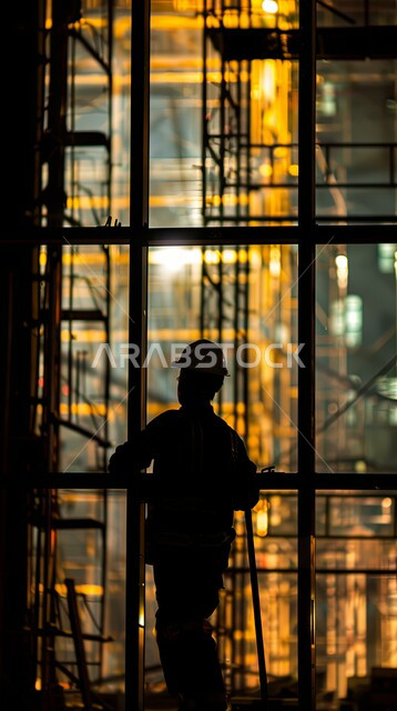 التدقيق والاشراف في المعامل الصناعية، مصانع المملكة العربية السعودية, العمل في المجال الصناعي, وظائف ومهن شبابية في المملكة العربية السعودية, صورة ظلية لمهندس عربي خليجي سعودي يرتدي السترة وخوذة الحماية يتجول في المصنع