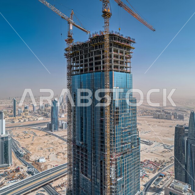 اعمال البناء وصب الخرسانات ووضع الأساسات، الآلات والمعدات الثقيلة والرافعات والسقالات العالية, ناطحة سحاب قيد الانشاء في المملكة العربية السعودية, مفهوم الهندسة الانشائية والمعمارية، تنفيذ مخطط الإعمار وتشكيل الهيكل المعدني