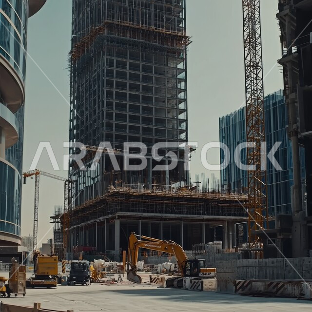 Concept of structural and architectural engineering, implementation of construction plan and formation of metal structure, construction works, pouring concrete and laying foundations, heavy machinery and equipment, cranes and high scaffolding, bottom view of a skyscraper under construction in Saudi Arabia