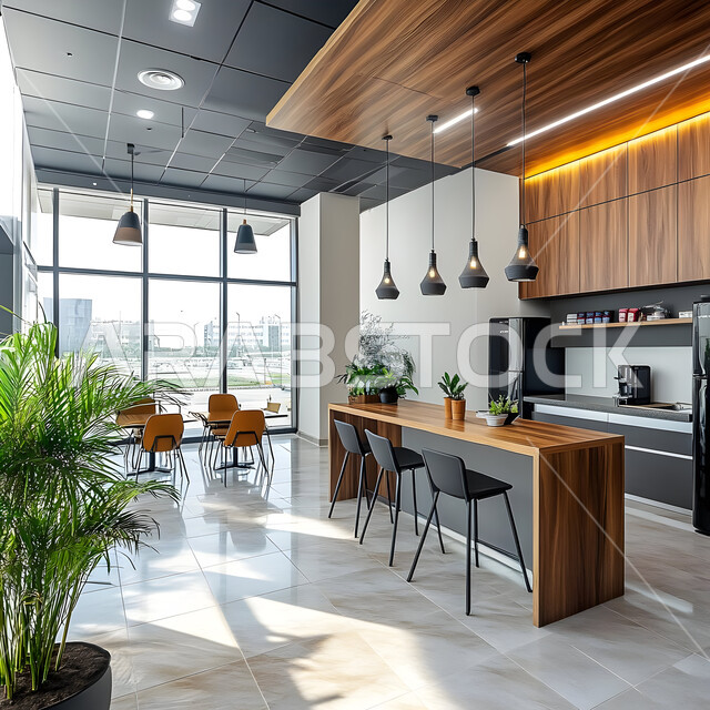 الديكورات العصرية للمطابخ الفاخرة في المملكة العربية السعودية، تصميم داخلي لمطبخ على الطراز الحديث, الأضواء المعلقة وتناسق الألوان, أثاث منزلي راقي، شقق وفلل سكنية مميزة