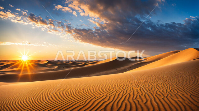 التشكيلات والتلال الرملية في الصحراء, المناظر الطبيعية في المملكة العربية السعودية, الكثبان والرمال الذهبية الناعمة في المناطق الصحراوية, معالم سياحية في وقت الغروب, رحلات السفاري الترفيهية