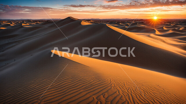 التشكيلات والتلال الرملية في الصحراء, المناظر الطبيعية في المملكة العربية السعودية, الكثبان والرمال الذهبية الناعمة في المناطق الصحراوية, معالم سياحية في وقت الغروب, رحلات السفاري الترفيهية