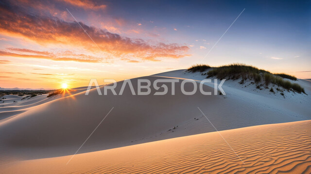 التشكيلات والتلال الرملية في الصحراء, المناظر الطبيعية في المملكة العربية السعودية, الكثبان والرمال الذهبية الناعمة في المناطق الصحراوية, معالم سياحية في وقت الغروب, رحلات السفاري الترفيهية