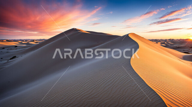 التشكيلات والتلال الرملية في الصحراء, المناظر الطبيعية في المملكة العربية السعودية, الكثبان والرمال الذهبية الناعمة في المناطق الصحراوية, معالم سياحية في وقت الغروب, رحلات السفاري الترفيهية