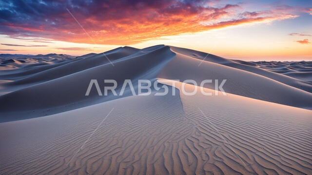 التشكيلات والتلال الرملية في الصحراء, المناظر الطبيعية في المملكة العربية السعودية, الكثبان والرمال الذهبية الناعمة في المناطق الصحراوية, معالم سياحية في وقت الغروب, رحلات السفاري الترفيهية