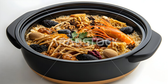Seafood with mussels and shrimp, a meal with high nutritional value, the art of presentation in restaurants and kitchens of the Kingdom of Saudi Arabia, a dish of traditional popular Arabic cuisine, delicious healthy and tasty food recipes, white background