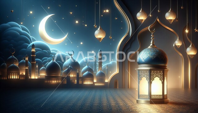 مفهوم العبادة والتقرب إلى الله تعالى، الديكورات والتصاميم الهندسية المميزة في رمضان المبارك، زينة الاعياد والمناسبات الدينية في المملكة العربية السعودية، رسوم توضيحية ثلاثية الابعاد لمآذن وقبب المساجد الإسلامية، منظر الهلال المضيء في السماء، قدوم شهر الخير