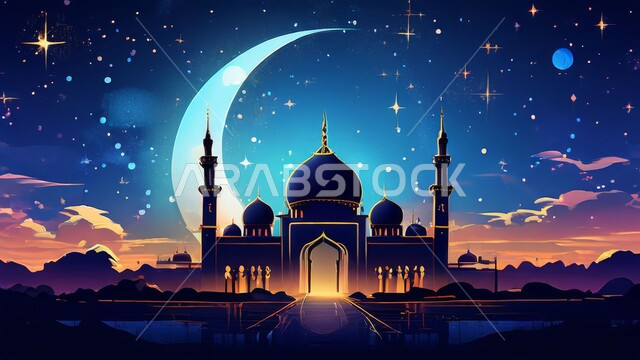 مفهوم العبادة والتقرب إلى الله تعالى، الديكورات والتصاميم الهندسية المميزة في رمضان المبارك، زينة الاعياد والمناسبات الدينية في المملكة العربية السعودية، رسوم توضيحية ثلاثية الابعاد لمآذن وقبب المساجد الإسلامية، منظر الهلال المضيء في السماء، قدوم شهر الخير