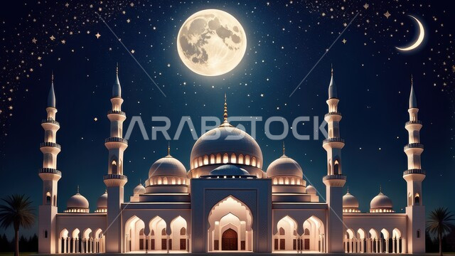 مفهوم العبادة والتقرب إلى الله تعالى، الديكورات والتصاميم الهندسية المميزة في رمضان المبارك، زينة الاعياد والمناسبات الدينية في المملكة العربية السعودية، رسوم توضيحية ثلاثية الابعاد لمآذن وقبب المساجد الإسلامية، منظر الهلال المضيء في السماء، قدوم شهر الخير