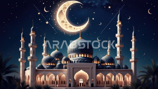 مفهوم العبادة والتقرب إلى الله تعالى، الديكورات والتصاميم الهندسية المميزة في رمضان المبارك، زينة الاعياد والمناسبات الدينية في المملكة العربية السعودية، رسوم توضيحية ثلاثية الابعاد لمآذن وقبب المساجد الإسلامية، منظر الهلال المضيء في السماء، قدوم شهر الخير