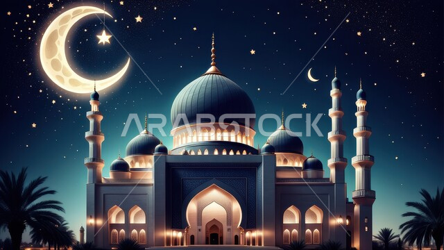 مفهوم العبادة والتقرب إلى الله تعالى، الديكورات والتصاميم الهندسية المميزة في رمضان المبارك، زينة الاعياد والمناسبات الدينية في المملكة العربية السعودية، رسوم توضيحية ثلاثية الابعاد لمآذن وقبب المساجد الإسلامية، منظر الهلال المضيء في السماء، قدوم شهر الخير