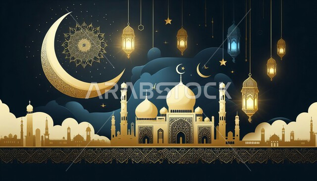أجواء الاحتفال بالمناسبات والأعياد الدينية الاسلامية، ديكورات ثلاثية الابعاد لشهر رمضان المبارك, الفوانيس المعدنية التقليدية المضاءة المعلقة في السماء, منظر النجوم والهلال والغيوم، البهجة بقدوم شهر الخير
