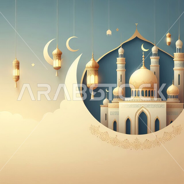 أجواء الاحتفال بالمناسبات والأعياد الدينية الاسلامية، ديكورات ثلاثية الابعاد لشهر رمضان المبارك, الفوانيس المعدنية التقليدية المضاءة المعلقة في السماء, منظر النجوم والهلال والغيوم، البهجة بقدوم شهر الخير
