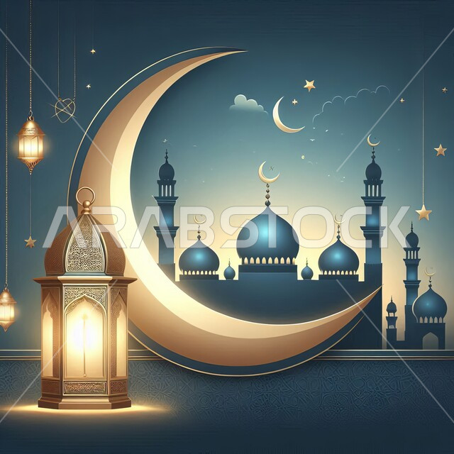 أجواء الاحتفال بالمناسبات والأعياد الدينية الاسلامية، ديكورات ثلاثية الابعاد لشهر رمضان المبارك, الفوانيس المعدنية التقليدية المضاءة المعلقة في السماء, منظر النجوم والهلال والغيوم، البهجة بقدوم شهر الخير