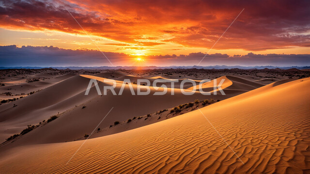 Sand formations and hills in the desert, dunes and soft golden sand in desert areas, landscapes in the Kingdom of Saudi Arabia at sunset, recreational safaris, view of clouds in the sky