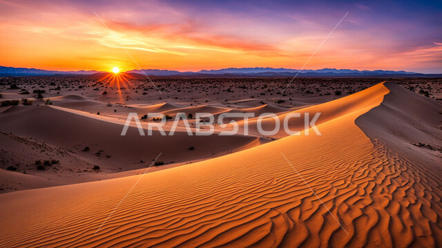 Sand formations and hills in the desert, dunes and soft golden sand in desert areas, landscapes in the Kingdom of Saudi Arabia at sunset, recreational safaris, view of clouds in the sky