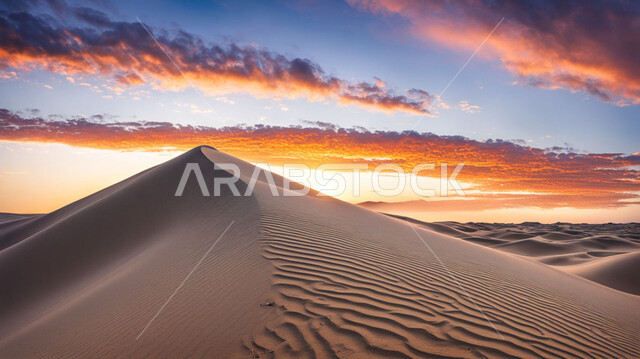 Sand formations and hills in the desert, dunes and soft golden sand in desert areas, landscapes in the Kingdom of Saudi Arabia at sunset, recreational safaris, view of clouds in the sky