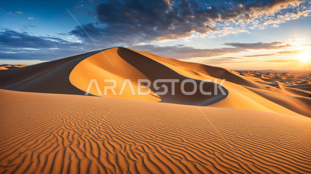 التشكيلات والتلال الرملية في الصحراء, الكثبان والرمال الذهبية الناعمة في المناطق الصحراوية, المناظر الطبيعية في المملكة العربية السعودية في وقت الغروب, رحلات السفاري الترفيهية, منظر الغيوم في السماء