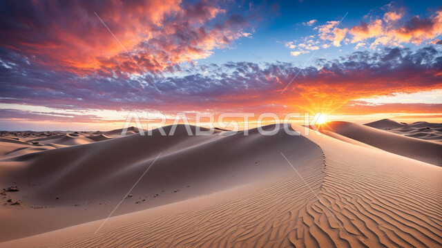التشكيلات والتلال الرملية في الصحراء, الكثبان والرمال الذهبية الناعمة في المناطق الصحراوية, المناظر الطبيعية في المملكة العربية السعودية في وقت الغروب, رحلات السفاري الترفيهية, منظر الغيوم في السماء