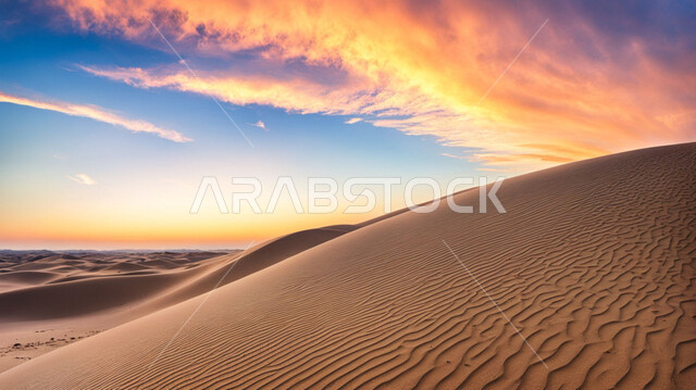 Sand formations and hills in the desert, dunes and soft golden sand in desert areas, landscapes in the Kingdom of Saudi Arabia at sunset, recreational safaris, view of clouds in the sky