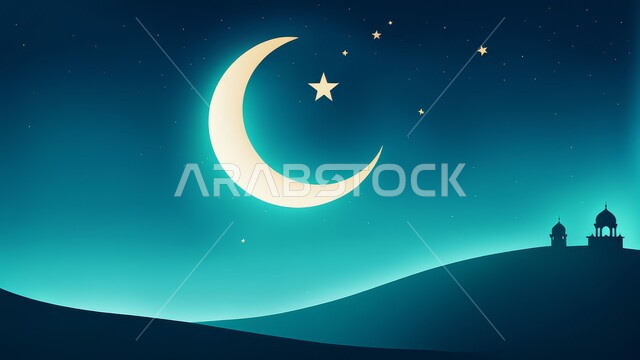 منظر الهلال المضيء في السماء، قدوم شهر الخير، مفهوم العبادة والتقرب إلى الله تعالى، رسوم توضيحية ثلاثية الابعاد لمآذن وقبب المساجد الإسلامية، الديكورات والتصاميم الهندسية المميزة في رمضان المبارك