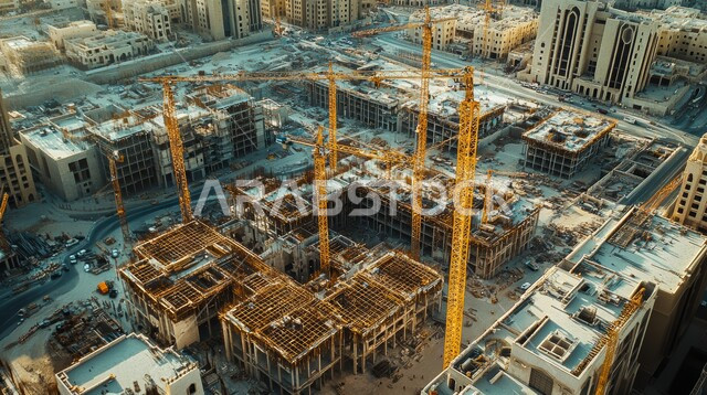 مبنى قيد الانشاء في المملكة العربية السعودية, الآلات والمعدات الثقيلة والرافعات والسقالات العالية, مفهوم الهندسة الانشائية والمعمارية, أعمال البناء وصب الخرسانات ووضع الأساسات, تنفيذ مخطط الإعمار وتشكيل الهيكل المعدني, برج تحت التشييد باستخدام الآليات الحديثة