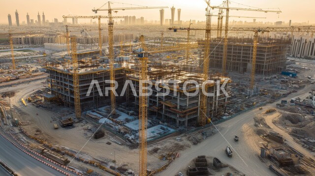 مبنى قيد الانشاء في المملكة العربية السعودية, الآلات والمعدات الثقيلة والرافعات والسقالات العالية, مفهوم الهندسة الانشائية والمعمارية, أعمال البناء وصب الخرسانات ووضع الأساسات, تنفيذ مخطط الإعمار وتشكيل الهيكل المعدني, برج تحت التشييد باستخدام الآليات الحديثة