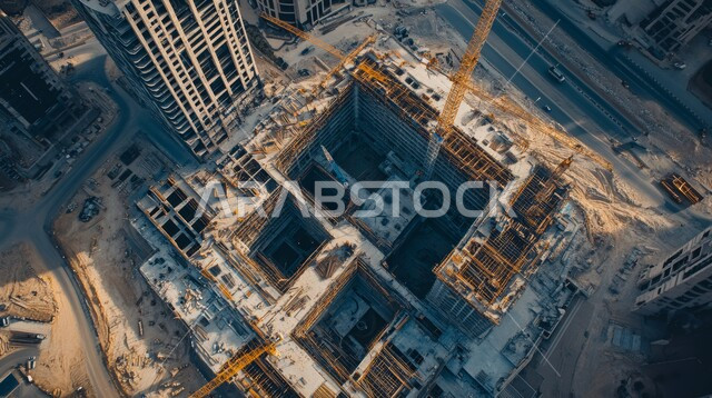 مبنى قيد الانشاء في المملكة العربية السعودية, الآلات والمعدات الثقيلة والرافعات والسقالات العالية, مفهوم الهندسة الانشائية والمعمارية, أعمال البناء وصب الخرسانات ووضع الأساسات, تنفيذ مخطط الإعمار وتشكيل الهيكل المعدني, برج تحت التشييد باستخدام الآليات الحديثة