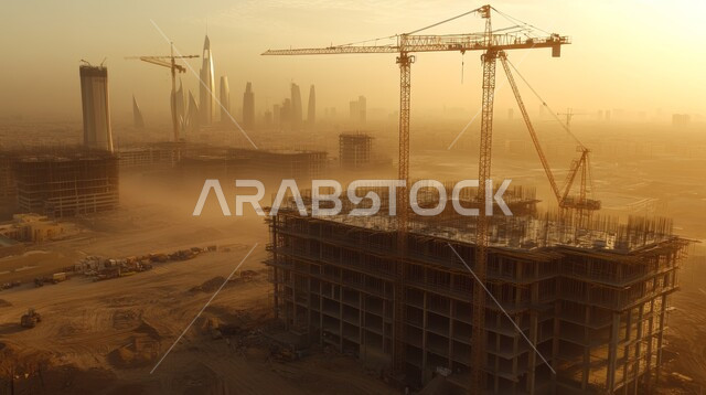 الآلات والمعدات الثقيلة والرافعات والسقالات العالية, مبنى قيد الانشاء في المملكة العربية السعودية, مفهوم الهندسة الانشائية والمعمارية, أعمال البناء وصب الخرسانات ووضع الأساسات, تنفيذ مخطط الإعمار وتشكيل الهيكل المعدني, برج تحت التشييد باستخدام الآليات الحديثة