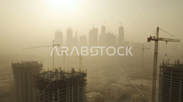 الآلات والمعدات الثقيلة والرافعات والسقالات العالية, مبنى قيد الانشاء في المملكة العربية السعودية, مفهوم الهندسة الانشائية والمعمارية, أعمال البناء وصب الخرسانات ووضع الأساسات, تنفيذ مخطط الإعمار وتشكيل الهيكل المعدني, برج تحت التشييد باستخدام الآليات الحديثة