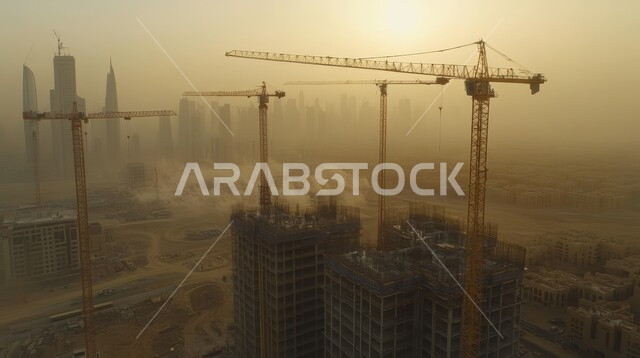 الآلات والمعدات الثقيلة والرافعات والسقالات العالية, مبنى قيد الانشاء في المملكة العربية السعودية, مفهوم الهندسة الانشائية والمعمارية, أعمال البناء وصب الخرسانات ووضع الأساسات, تنفيذ مخطط الإعمار وتشكيل الهيكل المعدني, برج تحت التشييد باستخدام الآليات الحديثة
